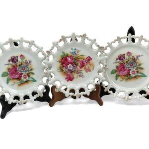 ESD Japan Reticulated Floral Ceramic Plates Set of 3 Vintage